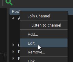 Screenshot of the root channel context menu with edit action