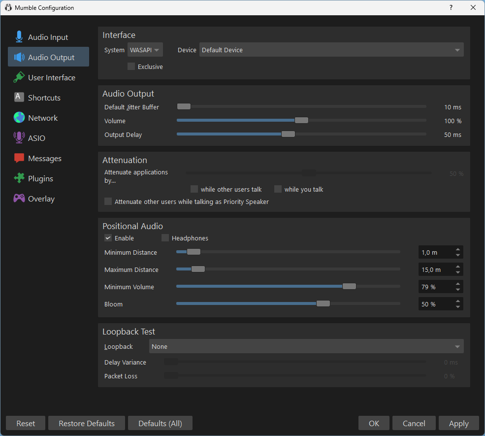 Screenshot of Audio Output Settings