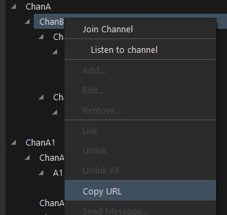 Screenshot of Mumble channel context menu Copy URL item